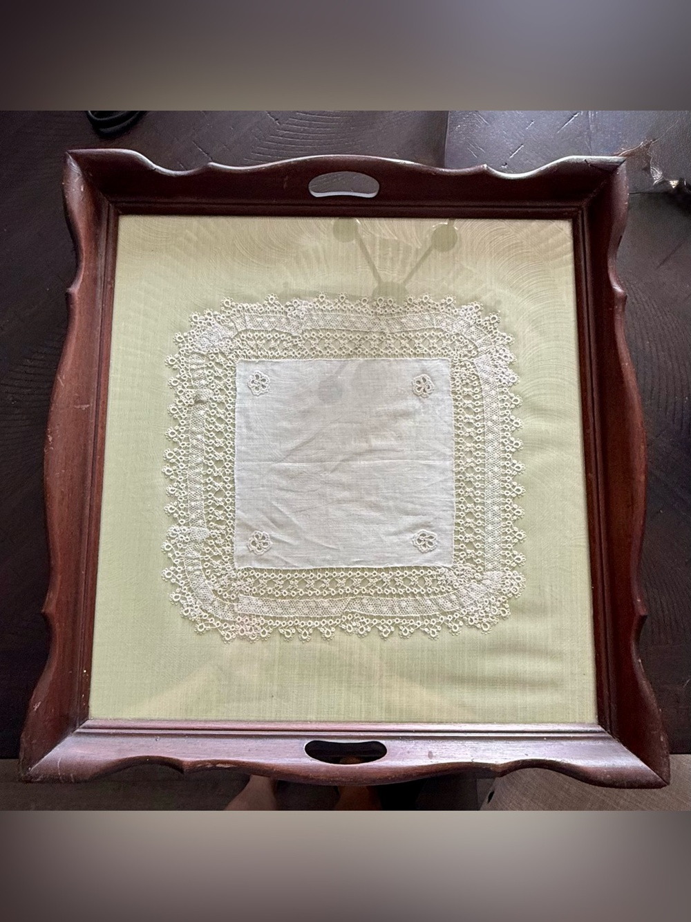 Vintage Wood & Glass Serving Tray with Lace Insert-Cottagecore Grandmacore Decor